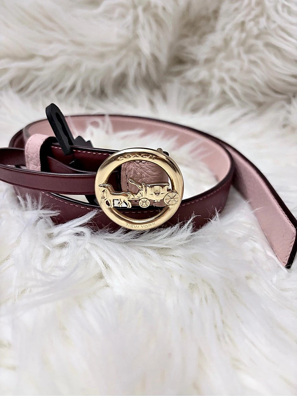 Coach pink and brown reversible leather belt with gold logo buckle - Small